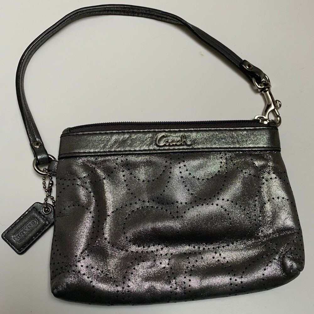 Vintage Coach Metallic Silver Perforated Logo Fabric Leather Trim Wristlet